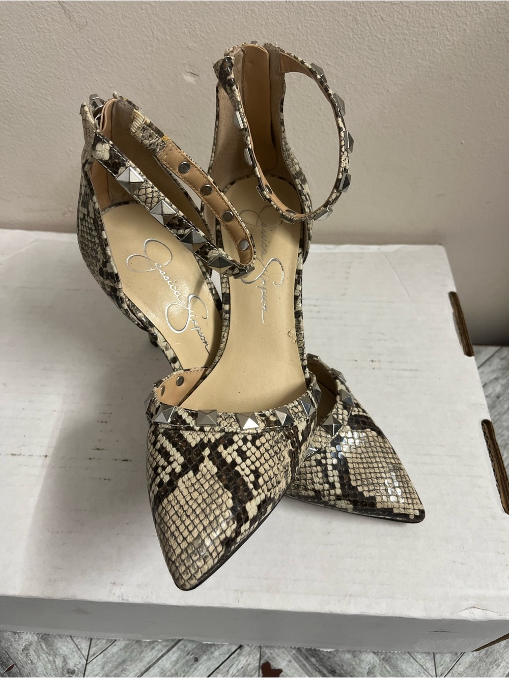Jessica Simpson Snake-Print Pointed Toe Stud Ankle-Strap Pumps 7.5